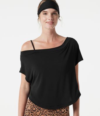 One Shoulder Short Sleeve Curved Hem High Low Built-in Bra Quick Dry Yoga Sports Top