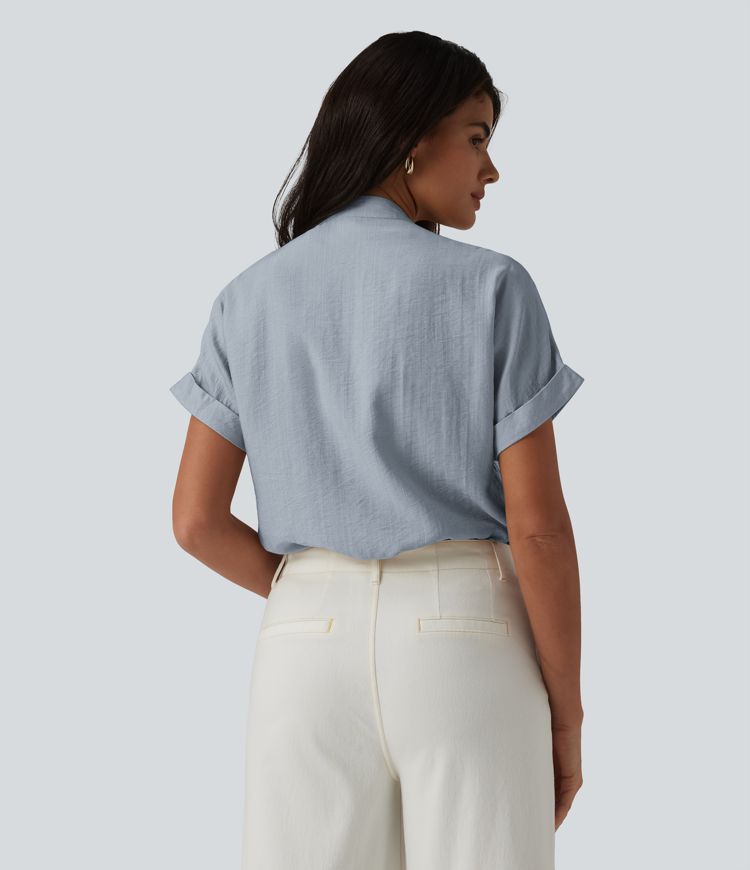 V Neck Short Sleeve Linen-Feel Work Shirt
