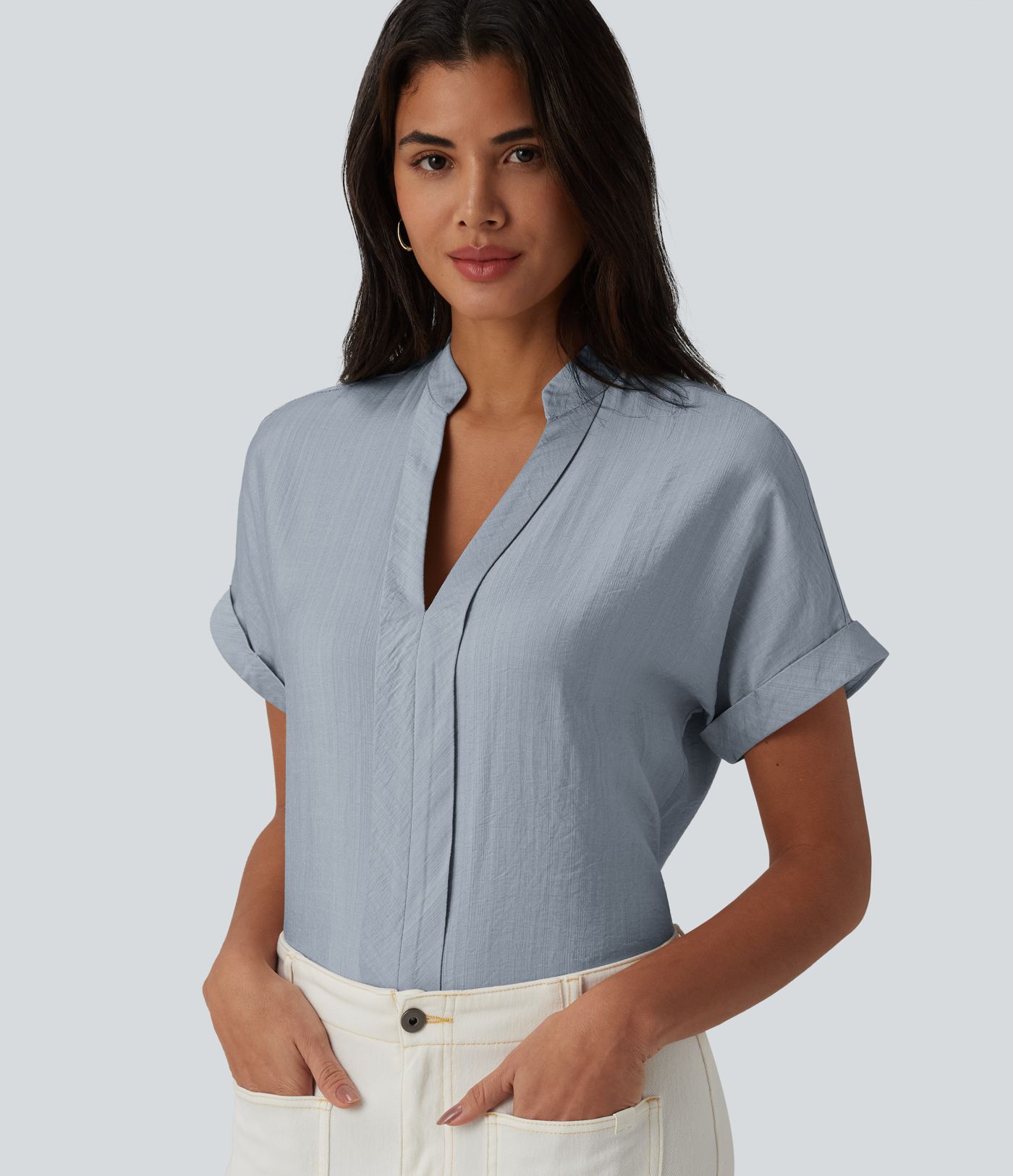V Neck Short Sleeve Linen-Feel Work Shirt V Neck Short Sleeve Linen-Feel Work Shirt
