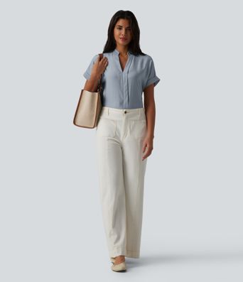 V Neck Short Sleeve Linen-Feel Work Shirt