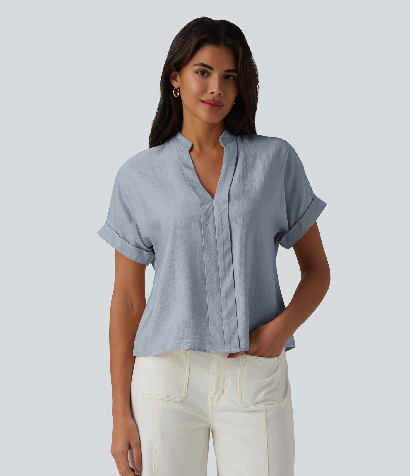 V Neck Short Sleeve Linen-Feel Work Shirt V Neck Short Sleeve Linen-Feel Work Shirt