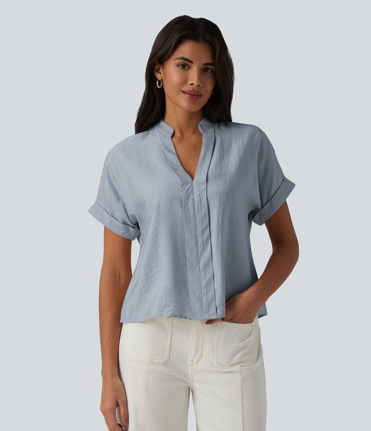 V Neck Short Sleeve Linen-Feel Work Shirt