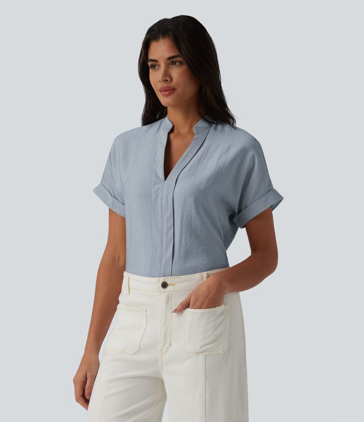 V Neck Short Sleeve Linen-Feel Work Shirt