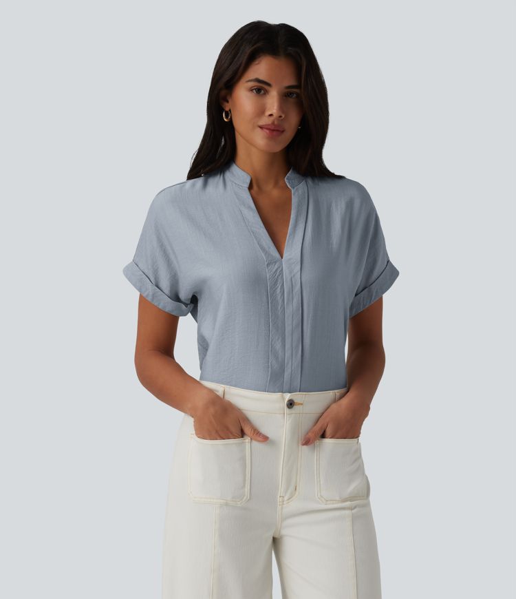 V Neck Short Sleeve Linen-Feel Work Shirt