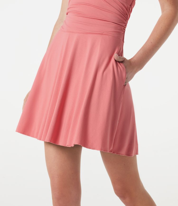 Mini-Freizeitkleid mit tiefem V-Ausschnitt, Neckholder, integriertem BH, Raffungen und Taschen