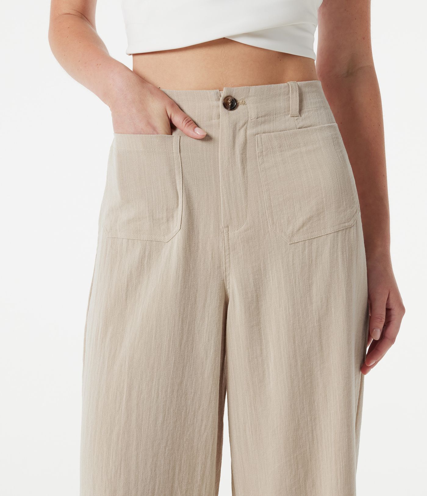 Freizeithose mit hohem Bund, weitem Bein, Leinenoptik und Taschen Freizeithose mit hohem Bund, weitem Bein, Leinenoptik und Taschen
