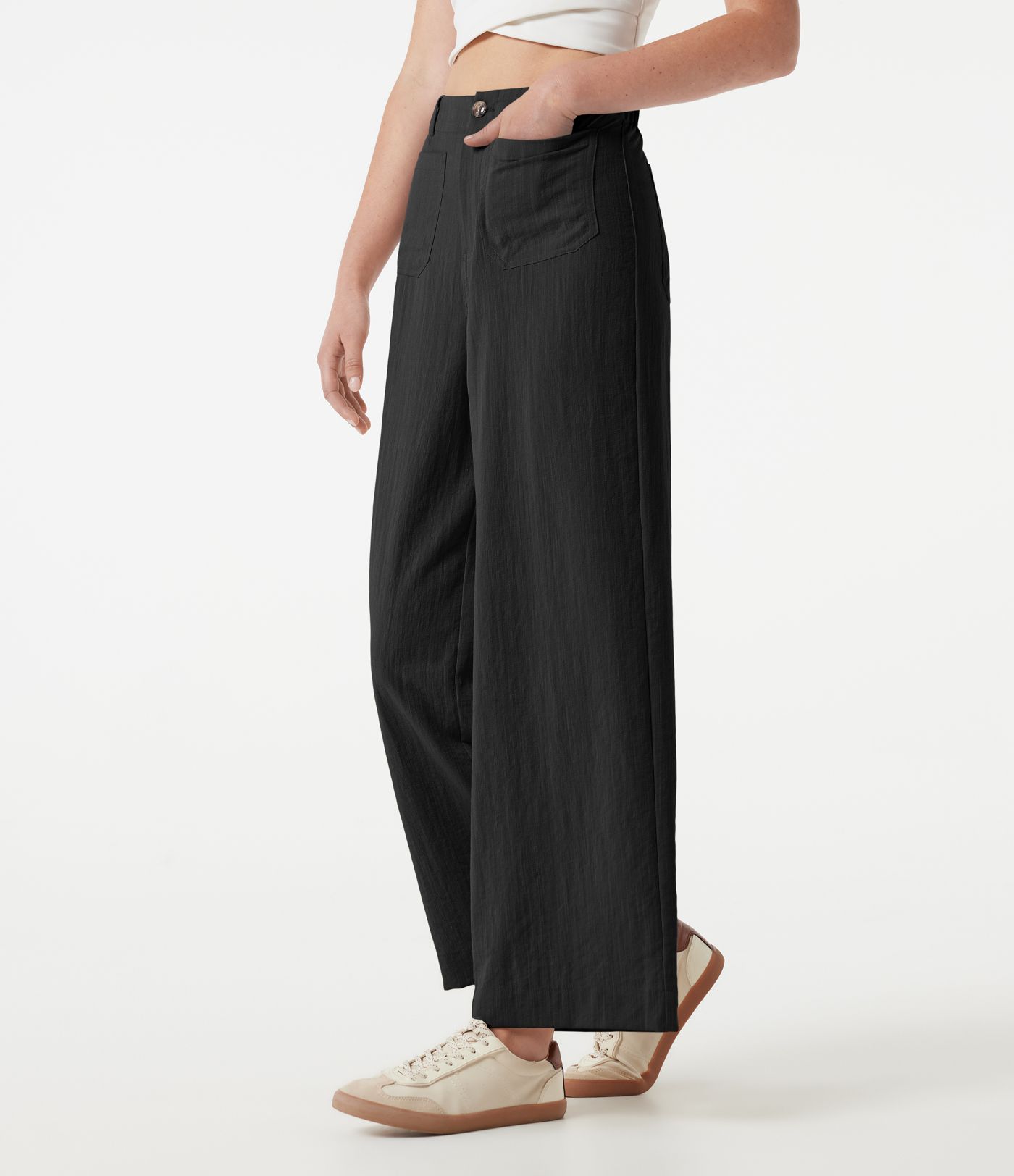 Pantalon large casual taille haute toucher lin avec poches