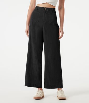 Pantalon large casual taille haute toucher lin avec poches