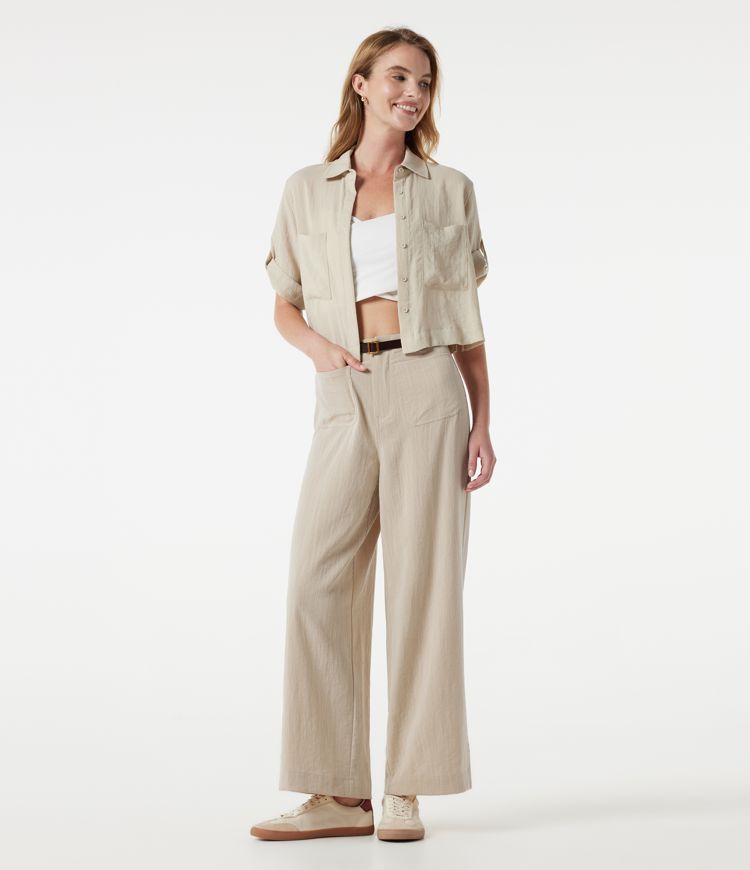 Freizeithose mit hohem Bund, weitem Bein, Leinenoptik und Taschen Freizeithose mit hohem Bund, weitem Bein, Leinenoptik und Taschen