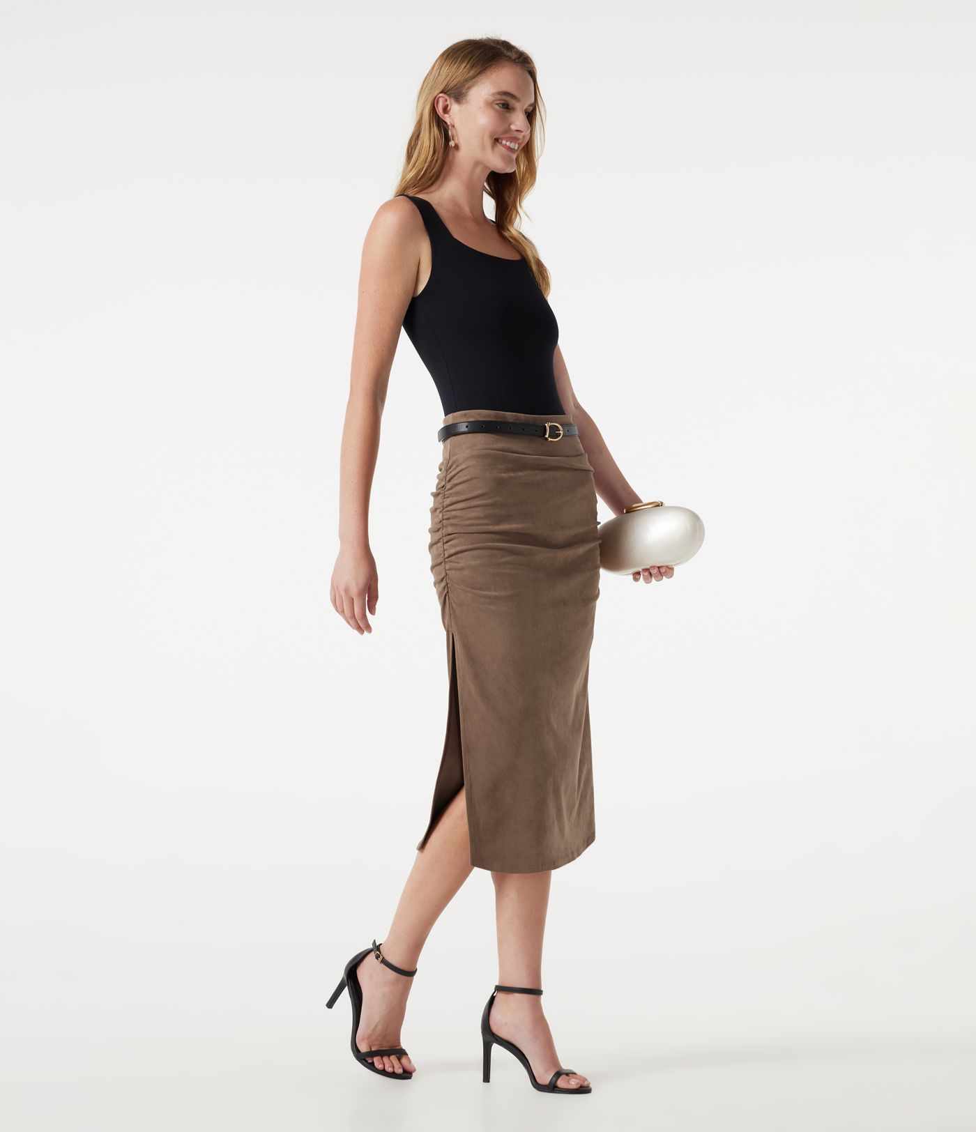 High Waisted Tummy Control Ruched Bodycon 2-in-1 Suede Midi Skirt