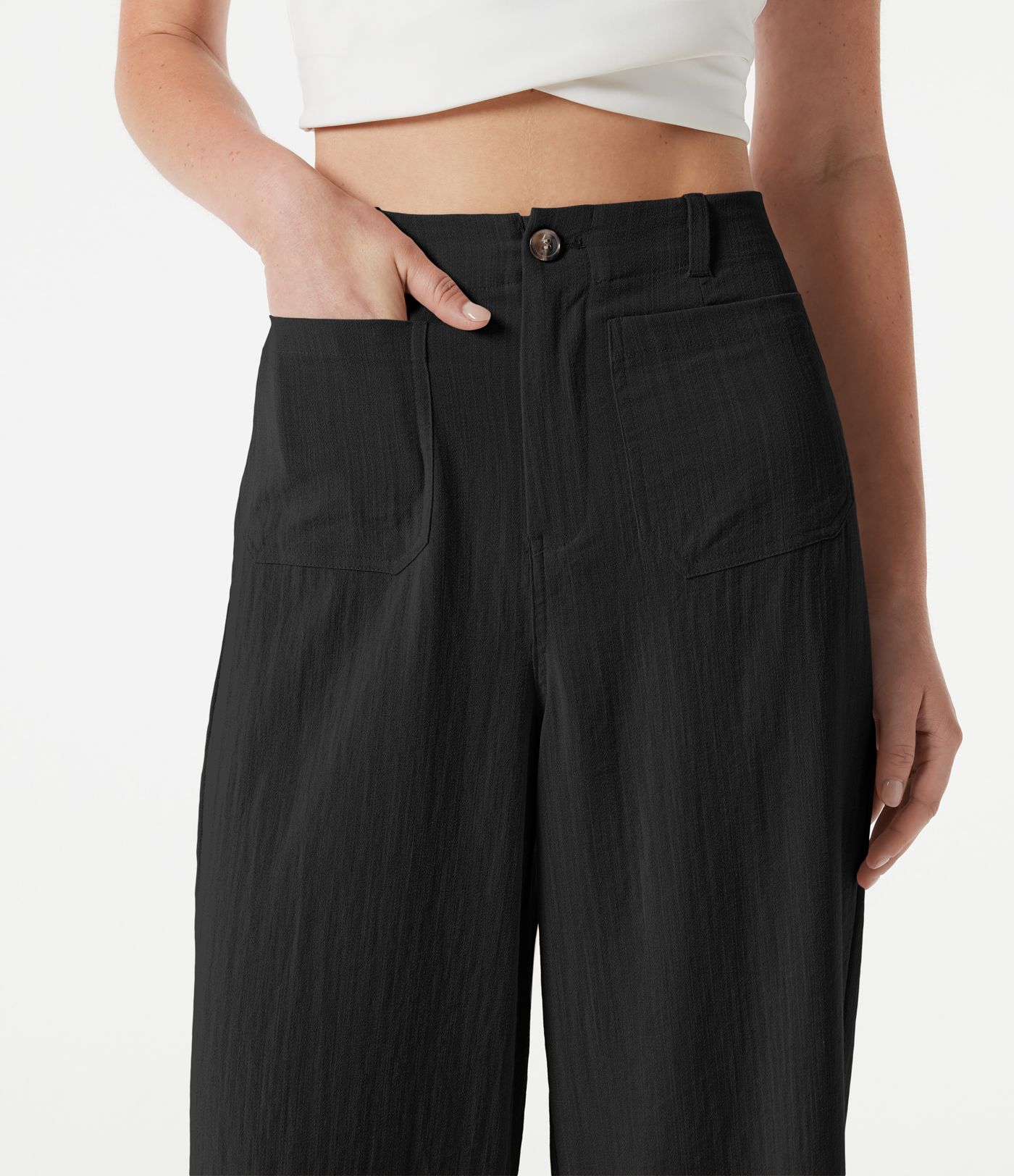 Pantalon large casual taille haute toucher lin avec poches
