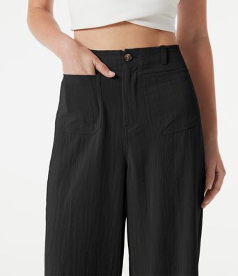 Pantalon large casual taille haute toucher lin avec poches