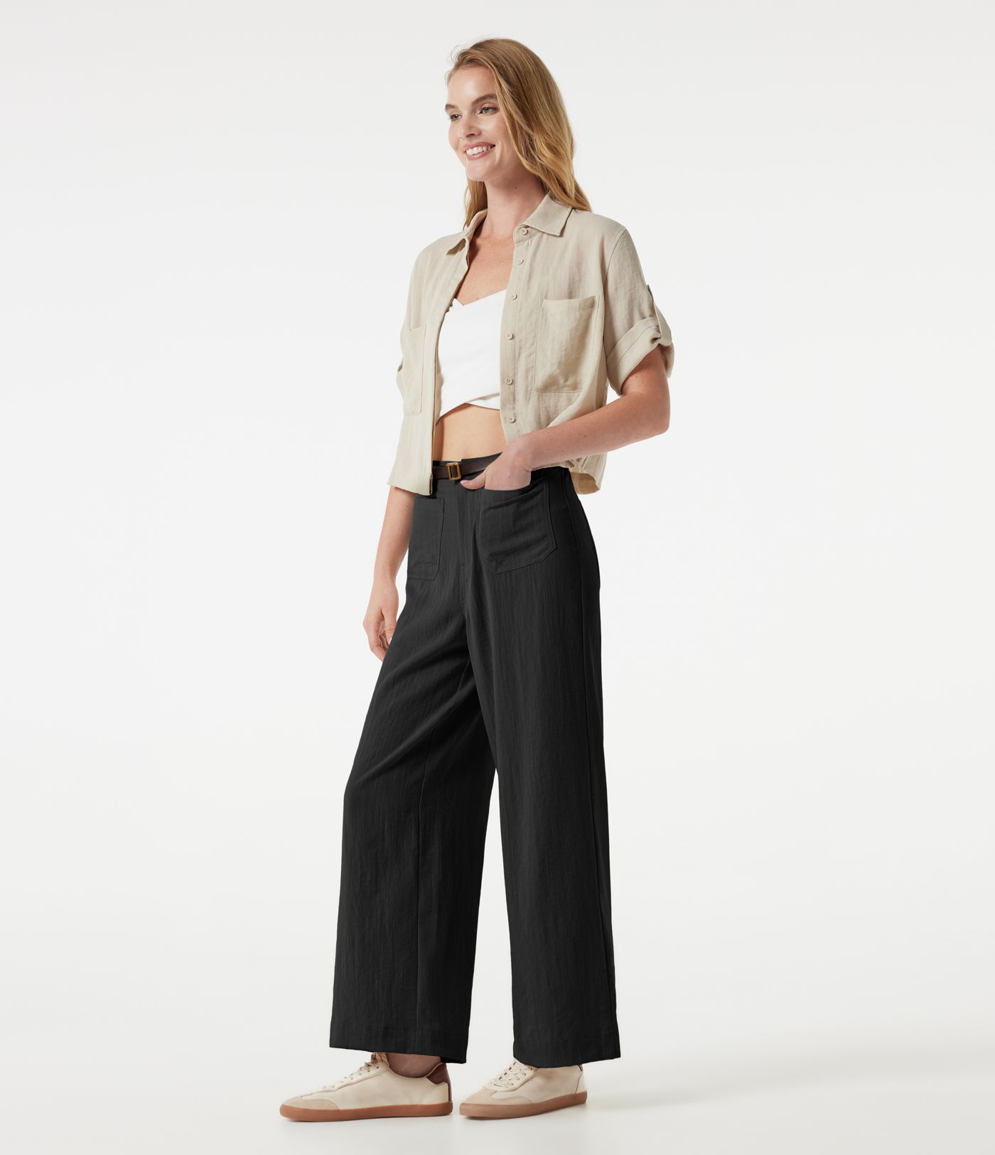 Pantalon large casual taille haute toucher lin avec poches