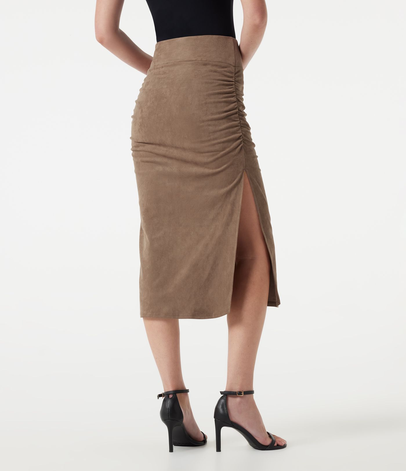 High Waisted Tummy Control Ruched Bodycon 2-in-1 Suede Midi Skirt