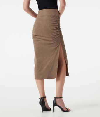 High Waisted Tummy Control Ruched Bodycon 2-in-1 Suede Midi Skirt