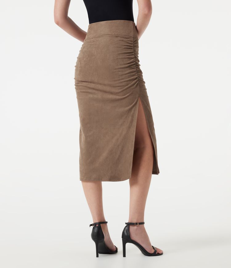 High Waisted Tummy Control Ruched Bodycon 2-in-1 Suede Midi Skirt