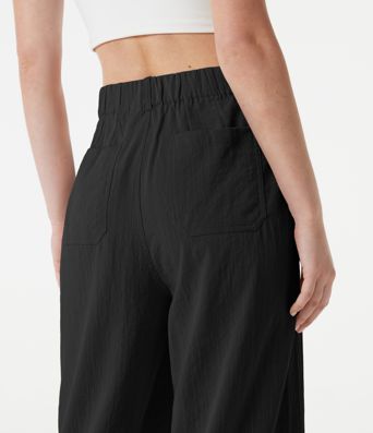 Pantalon large casual taille haute toucher lin avec poches