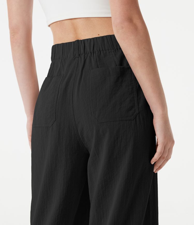 Pantalon large casual taille haute toucher lin avec poches