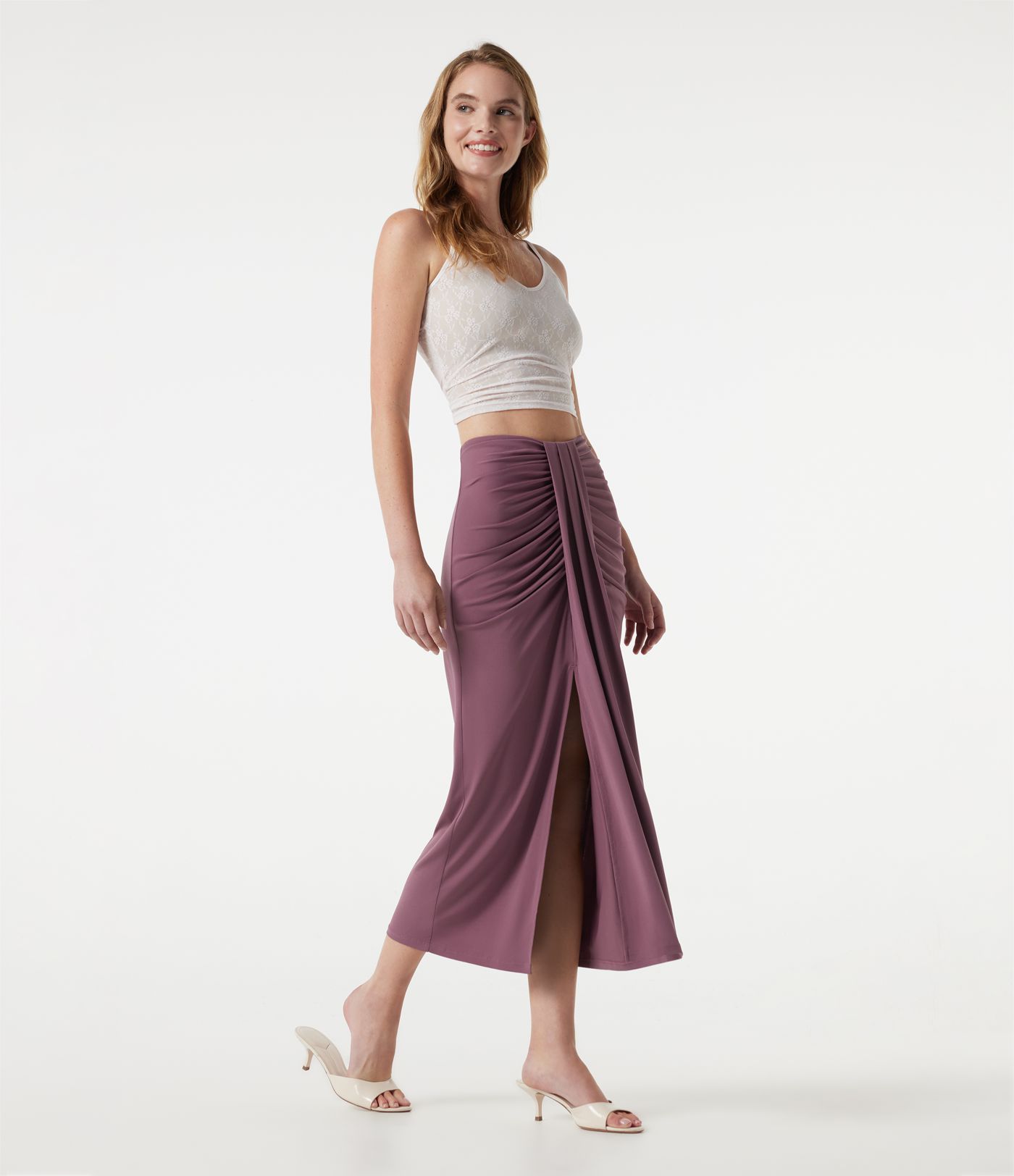 High Waisted Ruched Bodycon Midi Casual Skirt