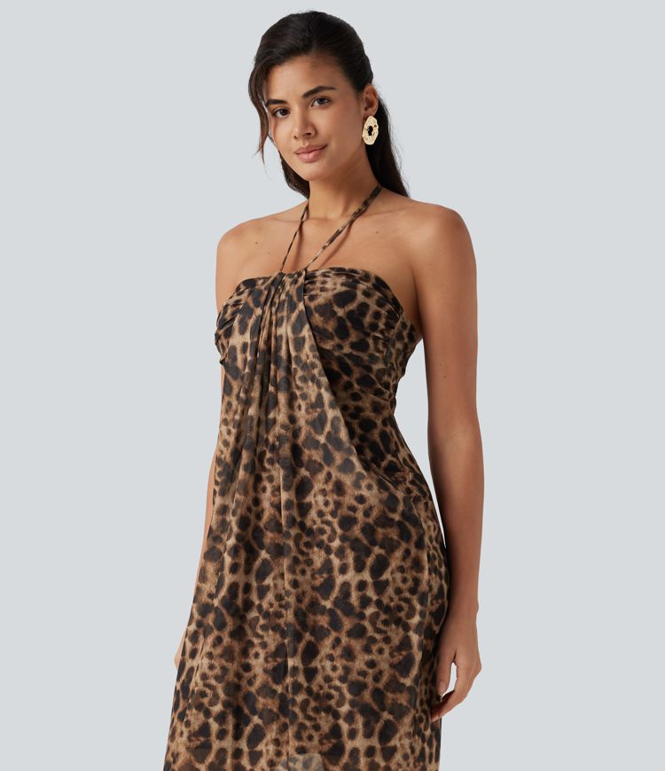 Robe maxi imprimé léopard dos nu à nouer avec brassière intégrée