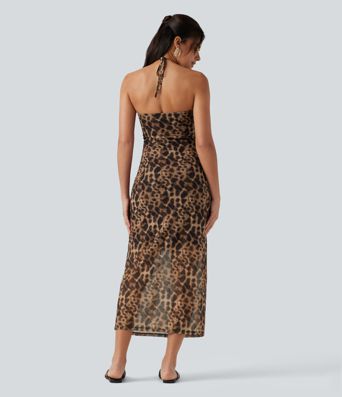 Robe maxi imprimé léopard dos nu à nouer avec brassière intégrée