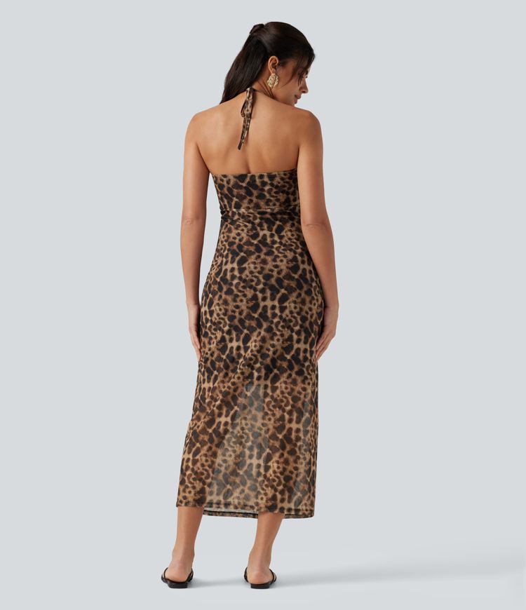 Robe maxi imprimé léopard dos nu à nouer avec brassière intégrée