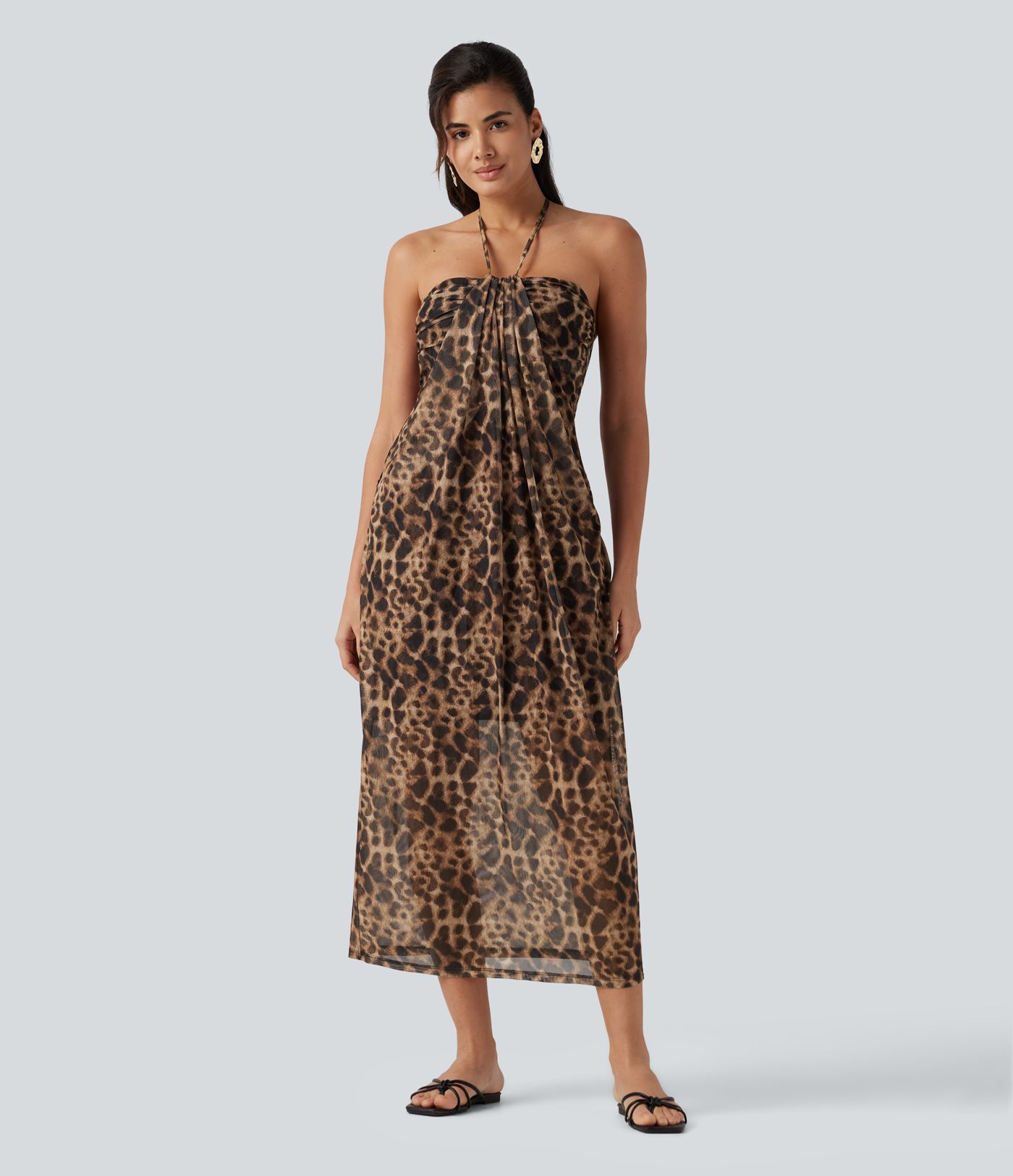 Robe maxi imprimé léopard dos nu à nouer avec brassière intégrée