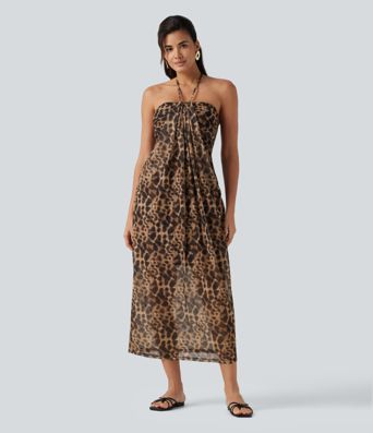 Robe maxi imprimé léopard dos nu à nouer avec brassière intégrée