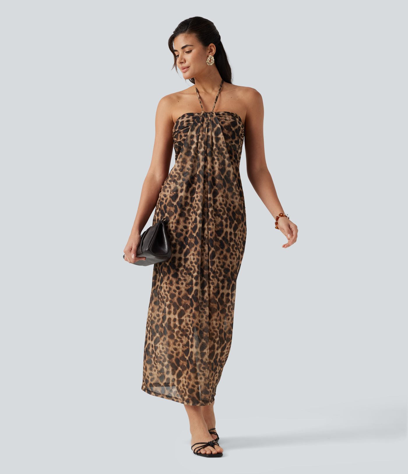 Robe maxi imprimé léopard dos nu à nouer avec brassière intégrée
