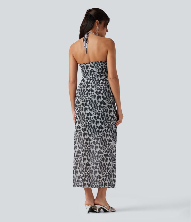 Halter Tie Back Built-in Bra Leopard Print Maxi Dress Halter Tie Back Built-in Bra Leopard Print Maxi Dress
