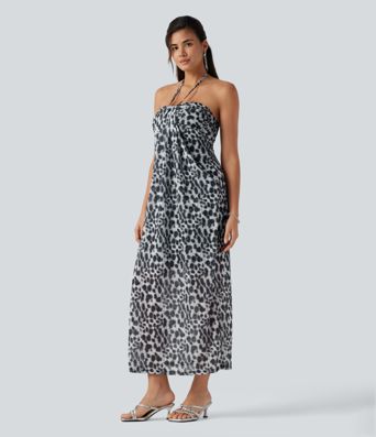 Halter Tie Back Built-in Bra Leopard Print Maxi Dress Halter Tie Back Built-in Bra Leopard Print Maxi Dress