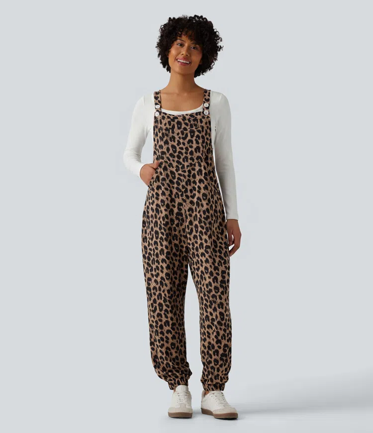 Noir Safari Adjustable Straps Leopard Print Waffle Casual Jogger Overalls with Pockets / 1