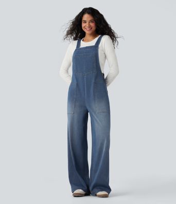 Halara Flex™ Square Neck Washed Denim Casual Overalls with Pockets