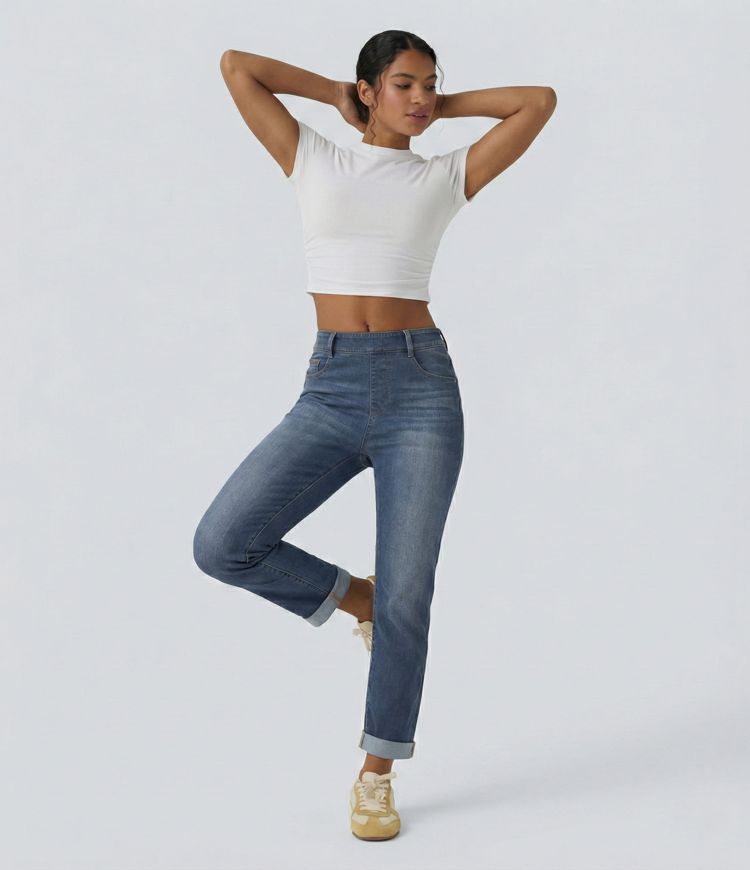 Halara Flex™ High Waisted Rolled Hem Casaul Slim Jeans with Pockets Halara Flex™ High Waisted Rolled Hem Casaul Slim Jeans with Pockets