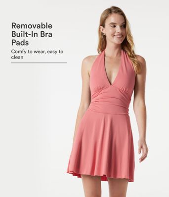 Mini-Freizeitkleid mit tiefem V-Ausschnitt, Neckholder, integriertem BH, Raffungen und Taschen