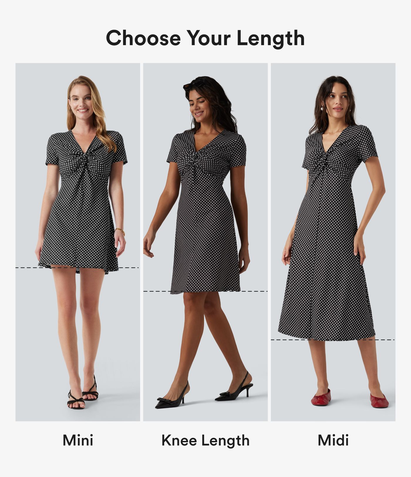 Robe casual à col V, manches courtes et imprimé à pois longueur genou