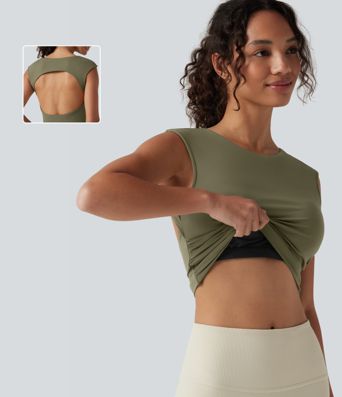SoftlyZero™ Airy Boat Neck Cut Out Built-in Bra Ruched Cool Touch Yoga Tank Top