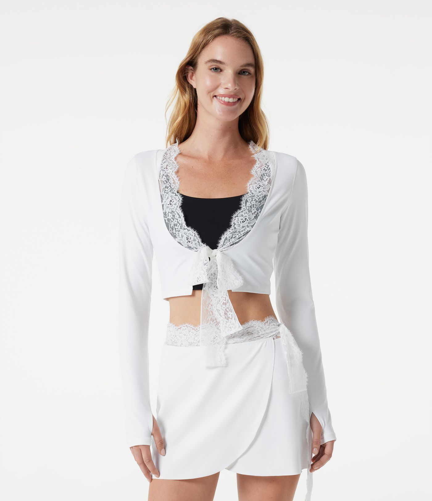 SoftlyZero™ Plush Long Sleeve Thumb Hole Tie Front Contrast Lace Cropped Yoga Sports Top