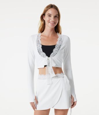 SoftlyZero™ Plush Long Sleeve Thumb Hole Tie Front Contrast Lace Cropped Yoga Sports Top