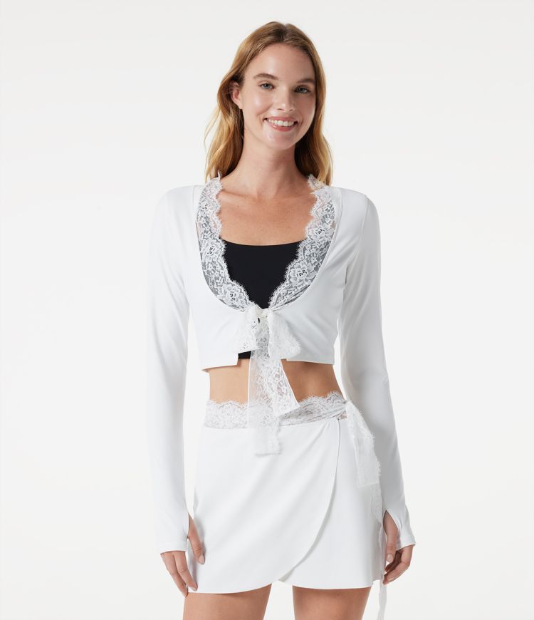 SoftlyZero™ Plush Long Sleeve Thumb Hole Tie Front Contrast Lace Cropped Yoga Sports Top