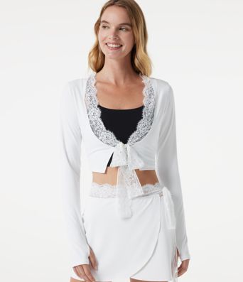 SoftlyZero™ Plush Long Sleeve Thumb Hole Tie Front Contrast Lace Cropped Yoga Sports Top
