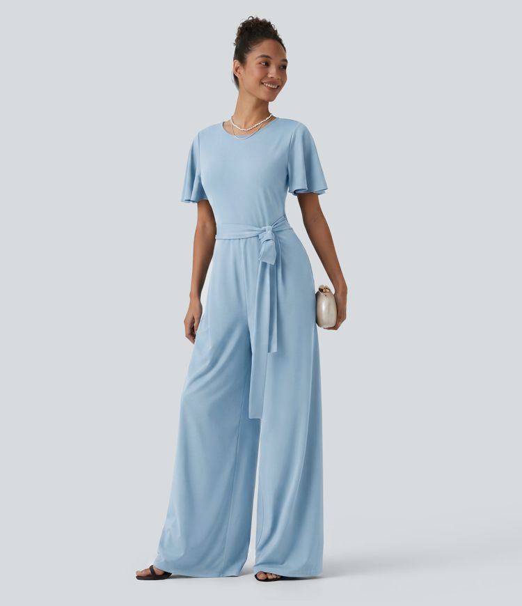 Round Neck Short Sleeve Tie Front Wide Leg Jumpsuit with Pockets-Easy Peezy Edition