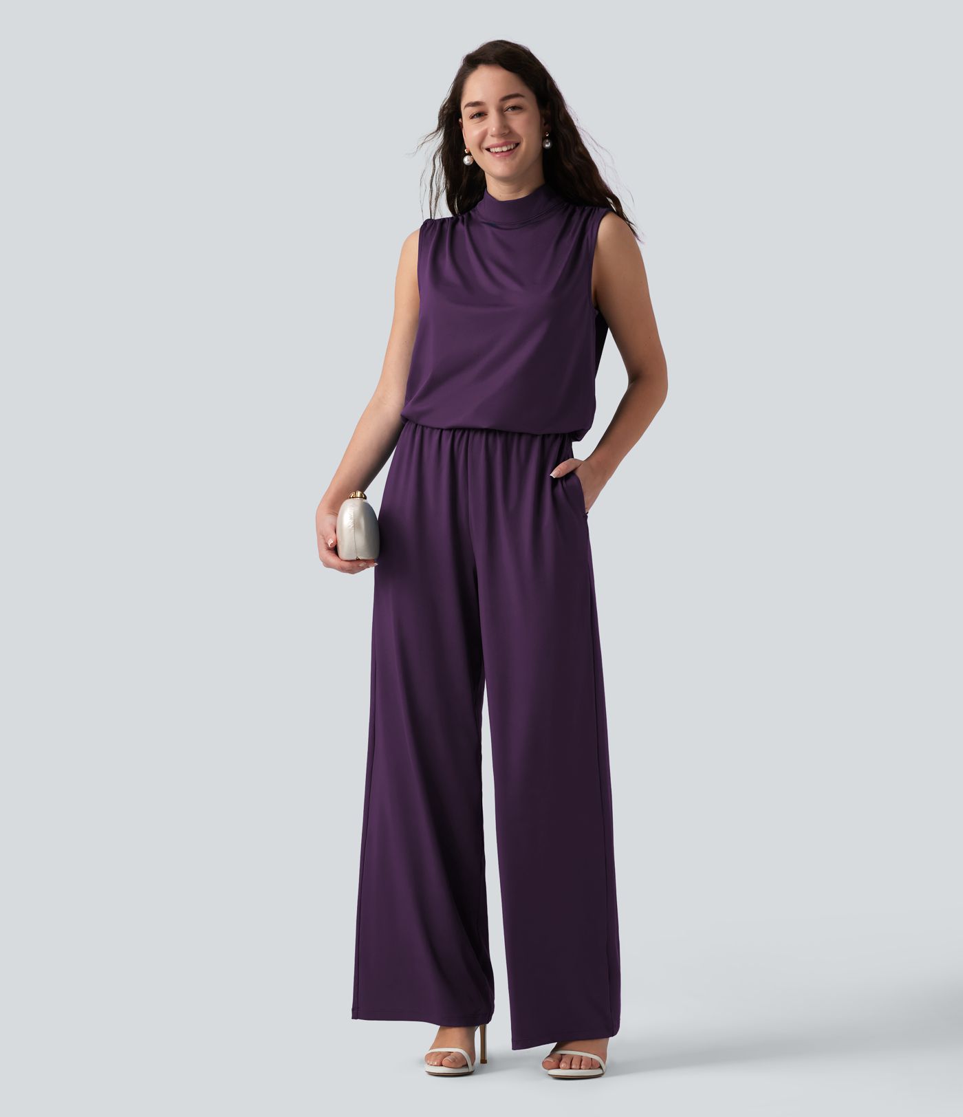 Stand Collar Sleeveless Straight Leg Bridesmaid And Wedding Guest Jumpsuit with Pockets-Easy Peezy