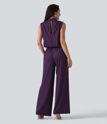 Stand Collar Sleeveless Straight Leg Bridesmaid And Wedding Guest Jumpsuit with Pockets-Easy Peezy