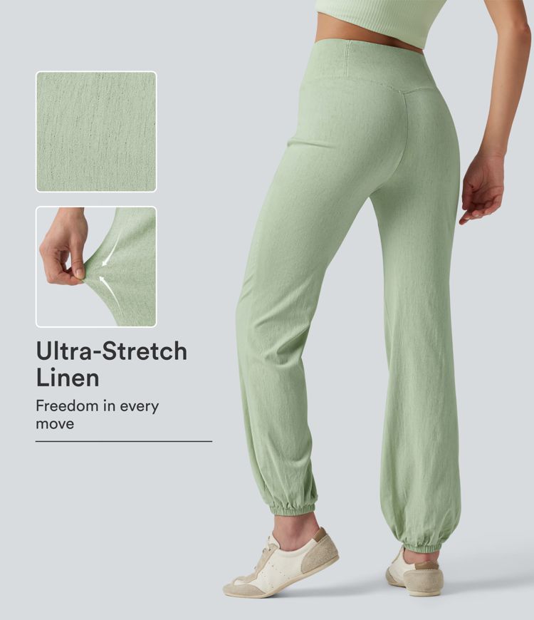 Crossover High-waisted Casual Stretch Linen Balloon Joggers with Pockets Crossover High-waisted Casual Stretch Linen Balloon Joggers with Pockets