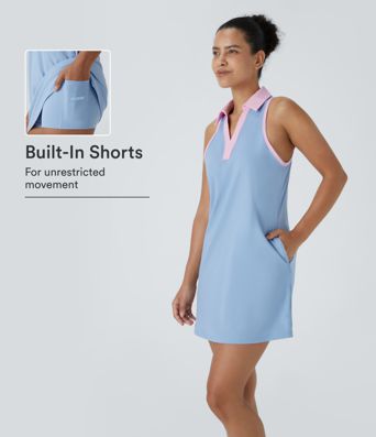 SoftlyZero™ Airy Collar Pocket Color Block 2-Piece Cool Touch Mini Golf Active Dress-Golf Tee Pocket-UPF50+