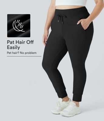 Patitoff™ Flow joggers en longueur totale, unis, grande taille, résistants aux poils d'animaux, taille haute avec cordon et poche