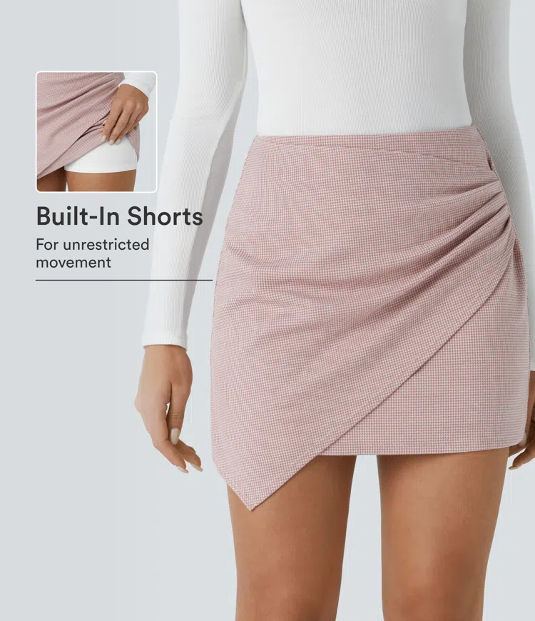 High Waisted Asymmetric Ruched 2-in-1 Houndstooth Mini Work Skirt