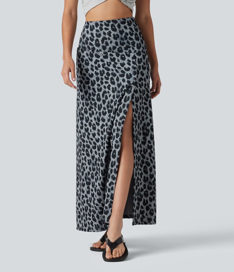 High Waisted Tummy Control Leopard Print Waffle Maxi Casual Skirt with Pocket
