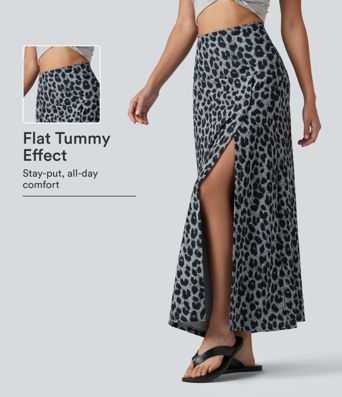 High Waisted Tummy Control Leopard Print Waffle Maxi Casual Skirt with Pocket